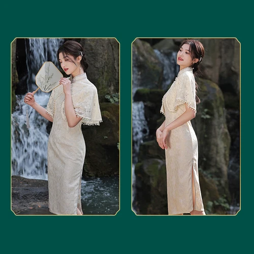 Lady Midi Evening Party Prom Red Lace Cheongsam Retro Cape Shoulder Qipao Dress - Picture 11 of 17