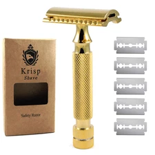 DOUBLE EDGE SAFETY RAZOR FOR MEN'S BEARD WET SHAVE + 10 SHAVING BLADES 24K GOLD