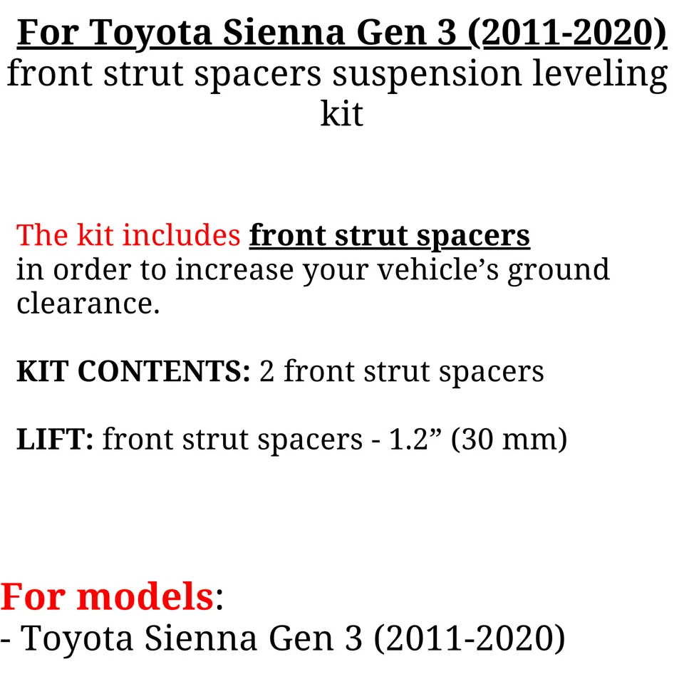 For Toyota Sienna Front strut spacers Suspension leveling kit Sienna (2011-2020) - Изображение 3 из 4