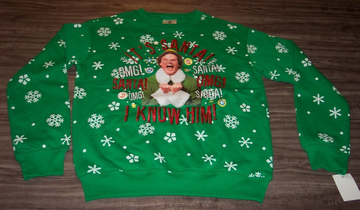 WOMENu0026#039;S ELF OMG SANTA w/ LIGHT UP LIGHTS CHRISTMAS SWEATSHIRT XS NEW |  eBay
