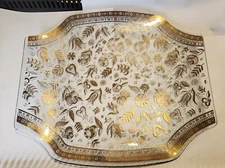 Georges Briard Glass Serving Tray Persian Garden Gold Leaf Vintage Mid Century