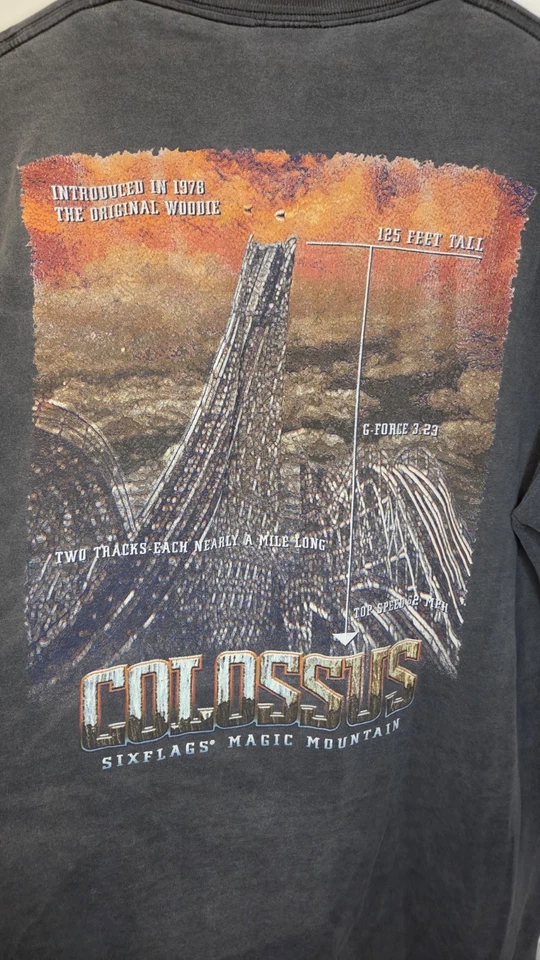 Vintage Six Flags Magic Mountain Shirt Mens Xl Gray Black Colossus Coaster 90s - Image 2 of 4