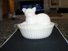 Vintage Milk Glass Cat On Nest Basket Candy Trinket Dish - VG Condition