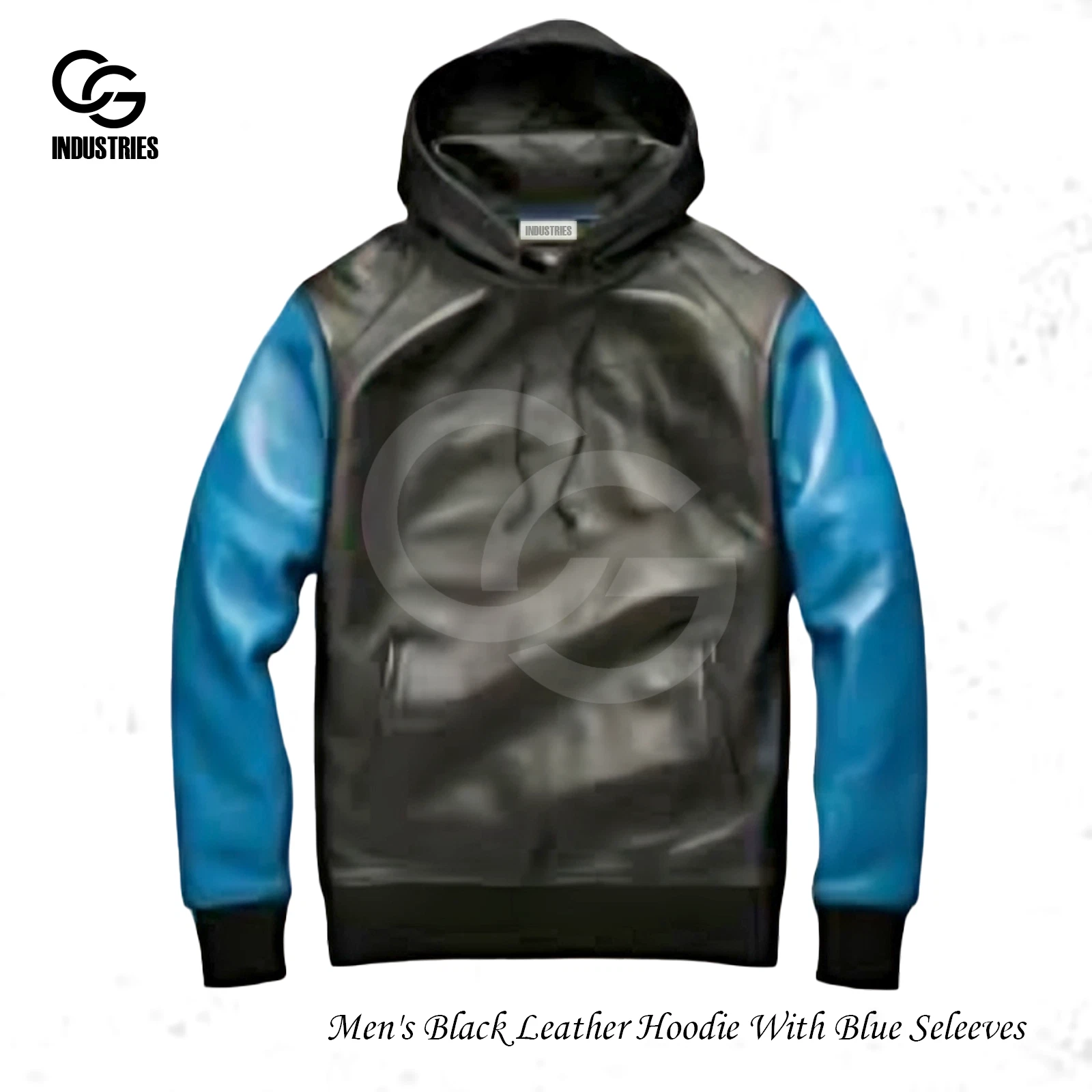 Men's Black Leather Hoodie with Blue Sleeves – Genuine Lambskin Leather