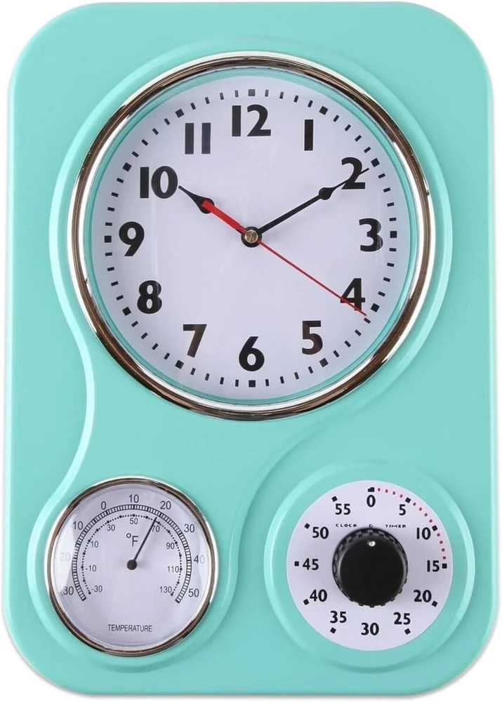 Retro Kitchen Wall Clock, Thermometer and 60-Minute Timer, 9.5X12.5 inch