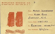 1953 BURLEIGH BROOKS Rolleiflex camera registration card  NTC