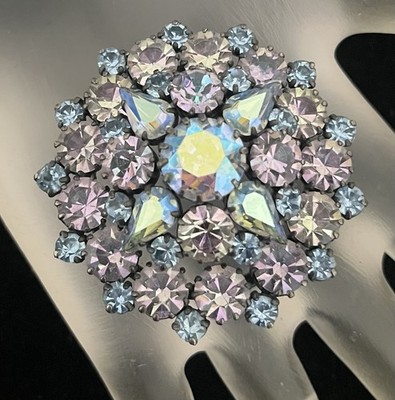 Made In Austria Vintage Dazzling Domed Brooch In Lavender And Blue Rhinestones