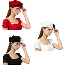 Womens French Beret Cap With Veil Bridal Headwear Hat Trendy Pillbox Hats Party