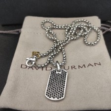David Yurman Men’s Pave Black Diamond Dog Tag Pendant 925 Silver Necklace 55CM