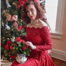 Miusol Red Lace Off-the-Shoulder Midi Dress XS Holiday Party Valentine Fairycore