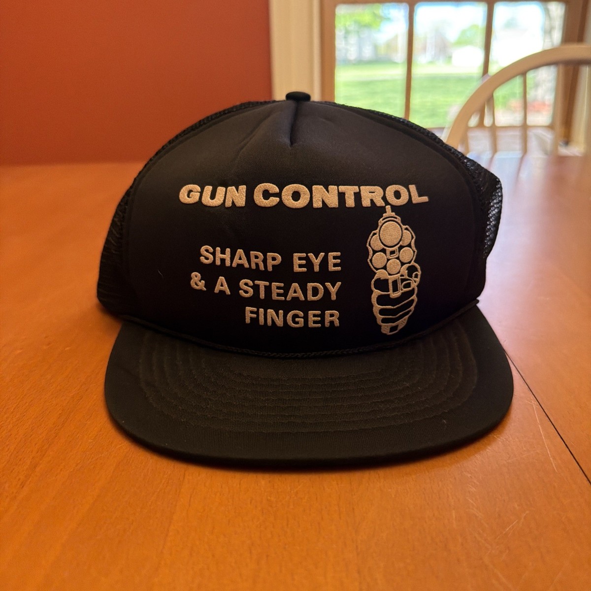 Vintage trucker hat mesh cap gun control. Sharp Eye & A Steady Finger