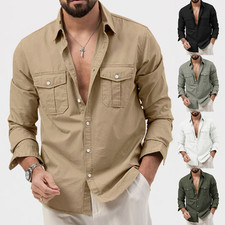 Mens Cotton Blend Long Sleeve Shirt Casual Button Up Top with Chest Pockets