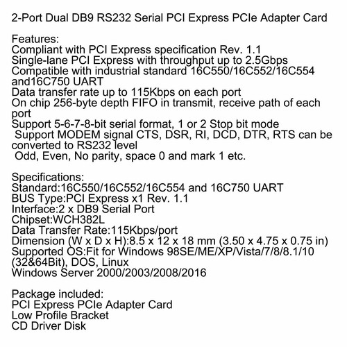 PCIE To RS232 Dual Serial WCH382 Chip PCI-Express Extender Board Adapter Card RA - Afbeelding 11 van 11