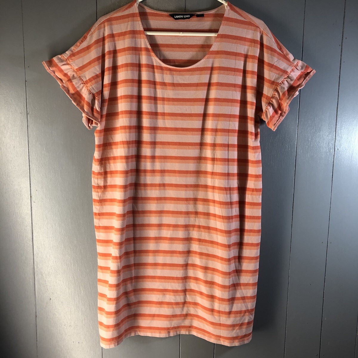 Lands End Stripe Shirt Dress Ruffle Sleeves Orange Large Knee Length Women Lands End Stripe Shirt Dress Ruffle Sleeves Orange Large Knee Length Women