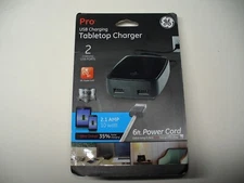 GE Pro USB Tabletop Charger, 6ft power cord, 2.1 Amp 10 Watt, 2 ports