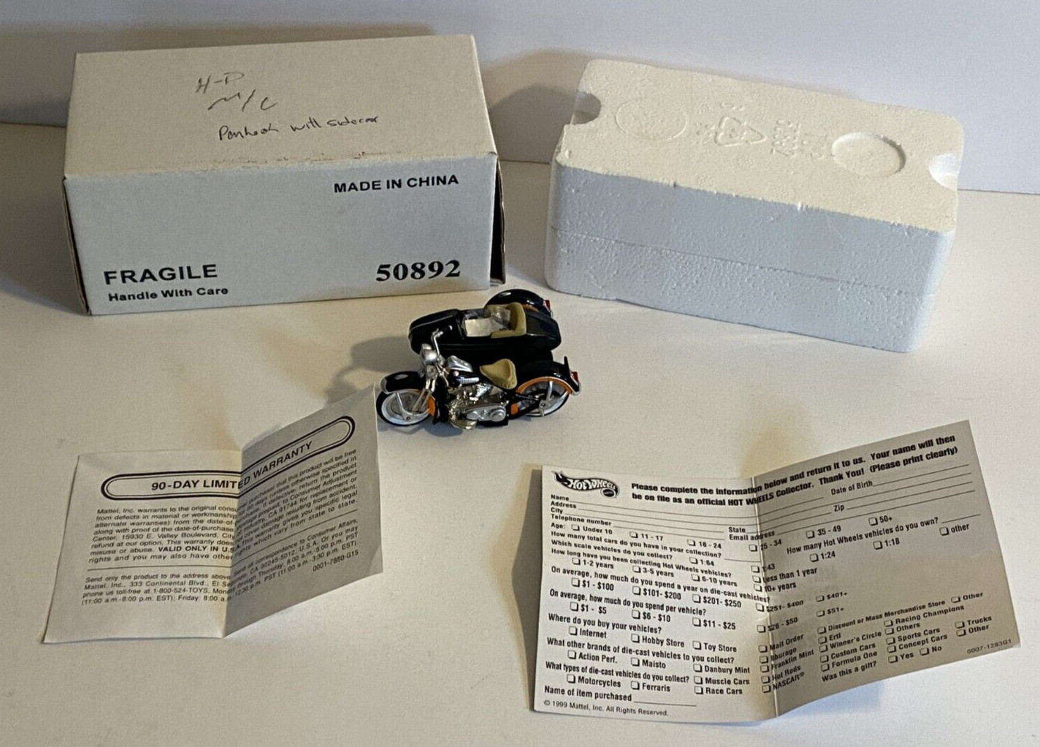 Mattel Hot Wheels Red Line #50892 Harley-Davidson 1948 Pan-Head w/ sidecar & Box