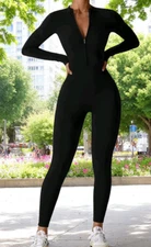OQQ Women's Yoga Jumpsuit Black Size XL Ribbed Long Sleeve Zipper Front Workout