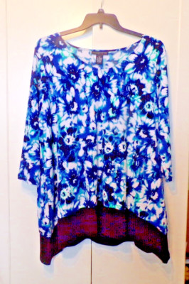 GRACE ELEMENTS Wmn. Tunic 2X Lively ''Tye-Dye'' print Blues Black Hem 3/4 Sleeve