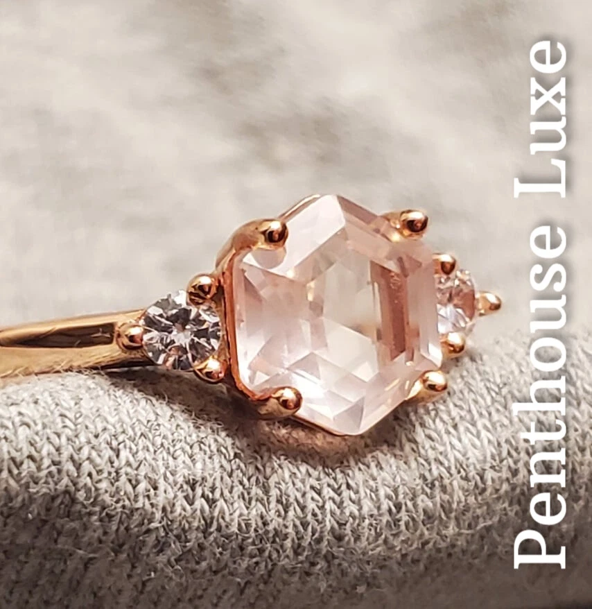ANILLO HEXÁGONO DE CUARZO ROSA NATURAL GENUINO TOPACIO BLANCO ORO ROSA 925 PARA MUJER Foto 2 de 4