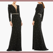 NWT $398 Mac Duggal [ 2 ] Crystal Detail Long Sleeve Column Gown in Black #Q426