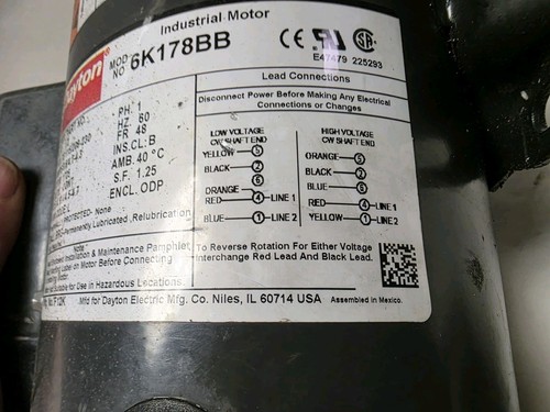 Dayton 6K178BB 1/2 HP 1 PH 1725 RPM 48 Fr. 115/230 V. Electric Motor Short Shaft - Picture 4 of 11