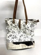 Myra Bag Canvas Flower Print Cowhide Hair On Leather Trim -Lg Tote