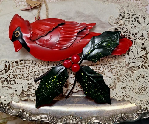 Cardinal Bird Metal Christmas Ornament Red Holly Berries NEW