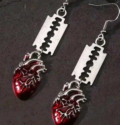 Halloween Fun Fashion Earrings,  Razor/heart. long Dangle, Hooks, Teens,adults,