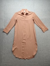 H&M Women Shirt Dress XS Beige 100% Polyester Button Up Curved Hem Summer Casual