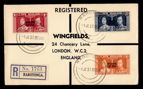 DR WHO 1937 NEW ZEALAND COOK ISLANDS OVPT FDC KGVI CORONATION COMBO M70762