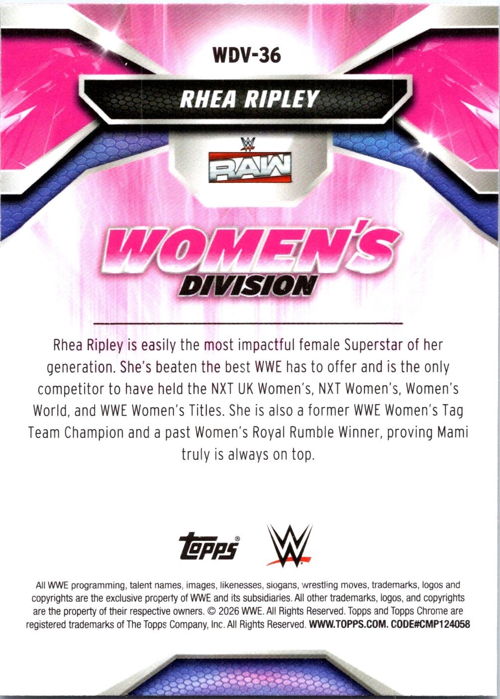 Rhea Ripley 2026 Topps Chrome WWE #WDV-36 Women's Division Insert Card view 2