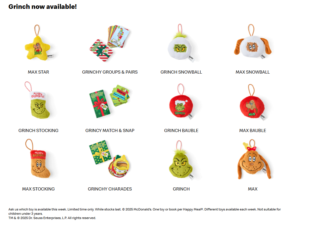 McDonalds 2025 AU Christmas X Dr.Seuss Grinch Meal Collectable