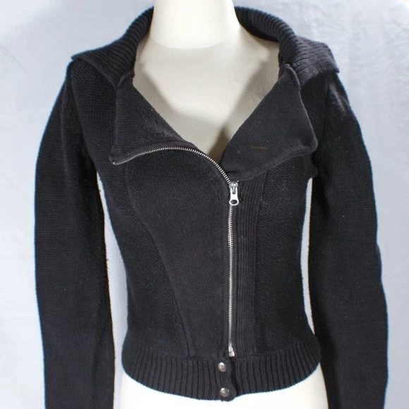 Heart N Crush Knit Moto Jacket Black Zip-Up Sweater Grunge Rocker Y2K 90s Style - Image 2 of 4