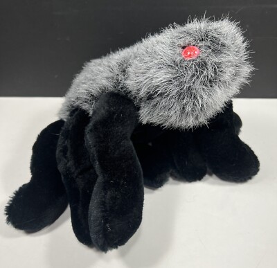 Animal Express Hairy Spider Hand Puppet Red Eyes Black Gray Plush 10'' Clean