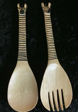 PRIMATIVE WOODEN AFRICAN ZEBRA 12" SALAD FORK & SPOON HAND CRAFTED
