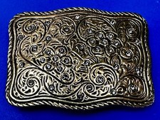Vintage Western Flower Swirl Design Gold Tone Belt Buckle W/ Rope Boarder