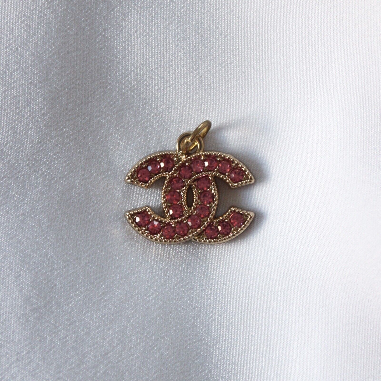 Chanel Zipper Pull Pendant, Pink Rhinestones, Gold, 22mm, Stamped