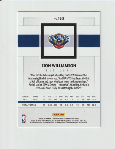2019-20 Panini Chronicles base Zion Williamson Rookie RC No. 120 - Picture 2 of 2