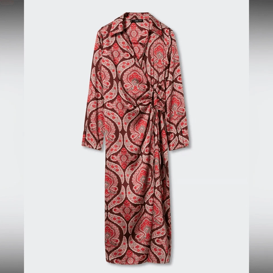 Camisa de vestir con estampado de cachemira satinada de mango midi talla 6 rojo borgoña costero boho Foto 3 de 4