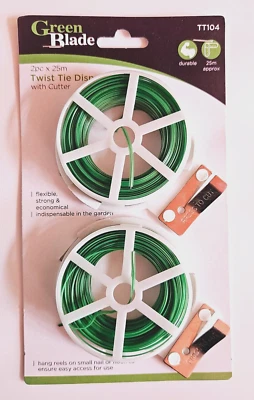GREEN BLADE 2 x 25m Twist Garden Wire Plant tie with cutter For Gardening DIY Home Green