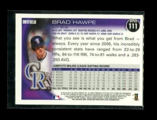 2010 TOPPS CHROME Refractor Baseball Card #111 BRAD HAWPE Colorado Rockies - Image 2 of 2