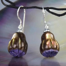 Gum Tree Nut Flower Earrings Carved Iridescent Shell & 925 Sterling Silver 7.66g