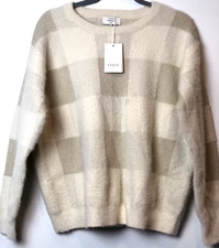 La Maille Frnch Sweater Womens Sz M Cream Gold Colored Large Check Crew Neck