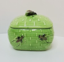 Vintage Green Olive, Cherry Pits Container Bee Hive Basket Weave With Bees Flies