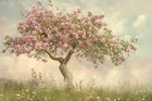 Pink Flowers Tree Meadow Landscape Oil Painting Wall Art Print Canvas Artprint