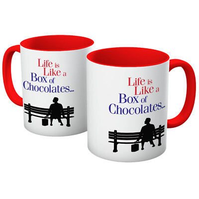 FORREST GUMP LIFE IS LIKE A BOX OF CHOCOLATES SPRUCHBECHER IN VERSCHIEDENEN FARBEN