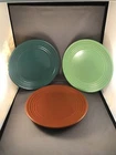 3 Vintage Pottery Dinner Plates 9.75" Brown Green Teal Unmarked Bauer??