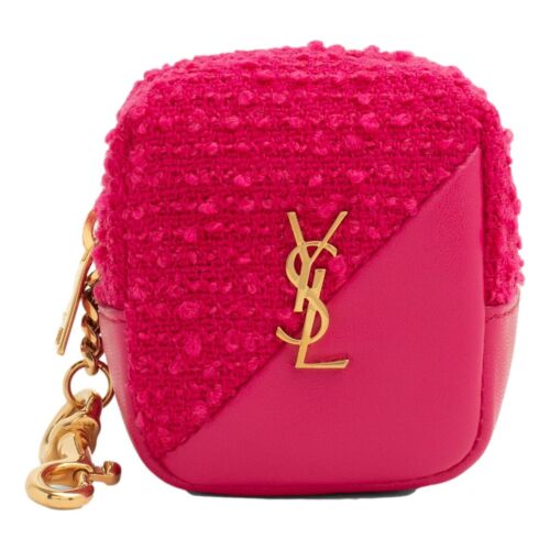 Saint Laurent Jamie YSL Keyring Cube Magenta Tweed Leather 669964 - Afbeelding 1 van 6