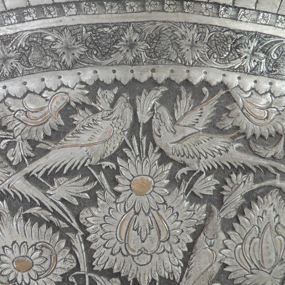 Antique Hand Carved Persian Oval Tinned Copper Wall Hanging Birds Antelopes 25" - Image 2 of 4