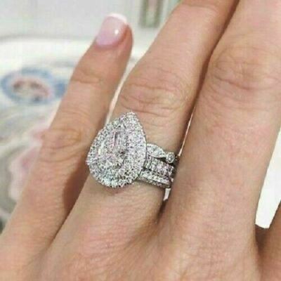 White Pear Cut Simulated Diamond Engagement Ring Set